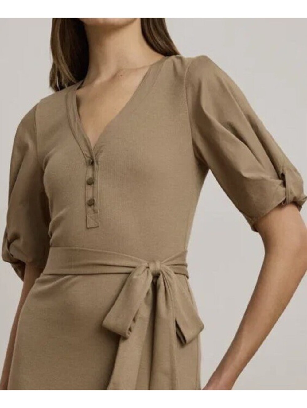 $165 Lauren Ralph Lauren Women's Belted Rib-Knit Puff-Sleeve Dress Tan Medium - Picture 2 of 15